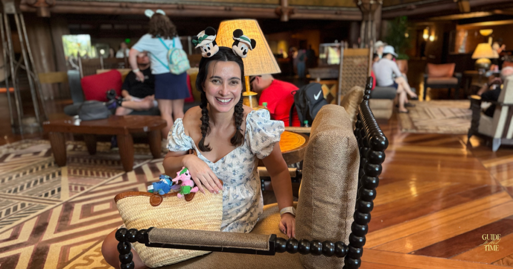 Roberta West sitting at Animal Kingdom Lodge lobby