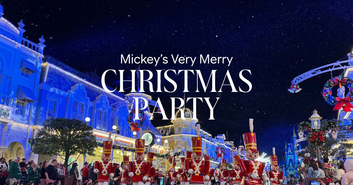 Toy soldiers marching down a lit-up, snowy Main Street, U.S.A. under the title Mickey's Very Merry Christmas Party