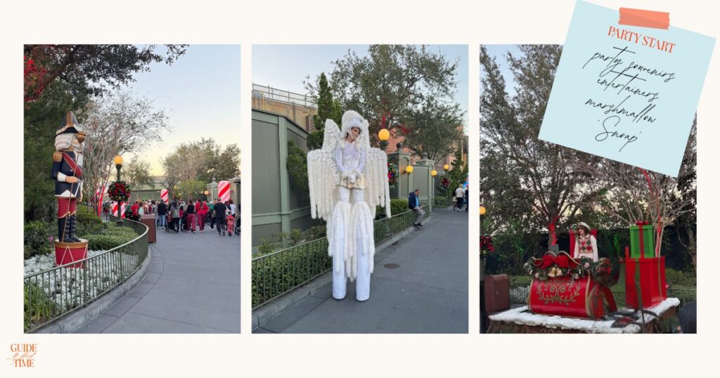 Three photos of the path into the Christmas party: a giant nutcracker, a white angel stilt performer and a sleigh with gifts