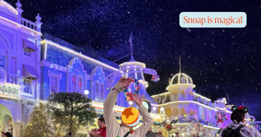 Snoap, the soap snow, falling on Main Street, U.S.A. during Mickey's Very Merry Christmas Party