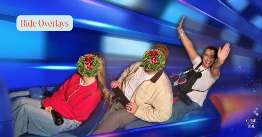 Riders on Space Mountain with its holiday overlay, in a ride photo from Mickey's Very Merry Christmas Party